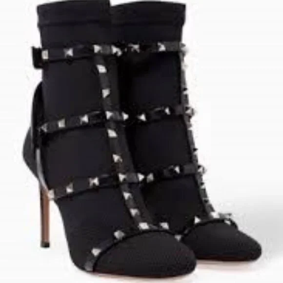 VALENTINO GARAVANI Rockstud Leather-trimmed Stretch-knit Sock Boots In Black